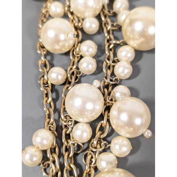 Retro Faux Pearl Charm Triple Chain ChaCha Bracelet Gold Tone Elegant 7" - Picture 8 of 11